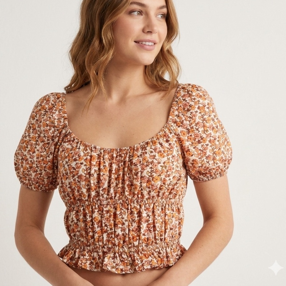 BOG COLLECTIVE floral Puff Sleeves CROP TOP MEDIUM Bohemian Cottagecore WOMENS